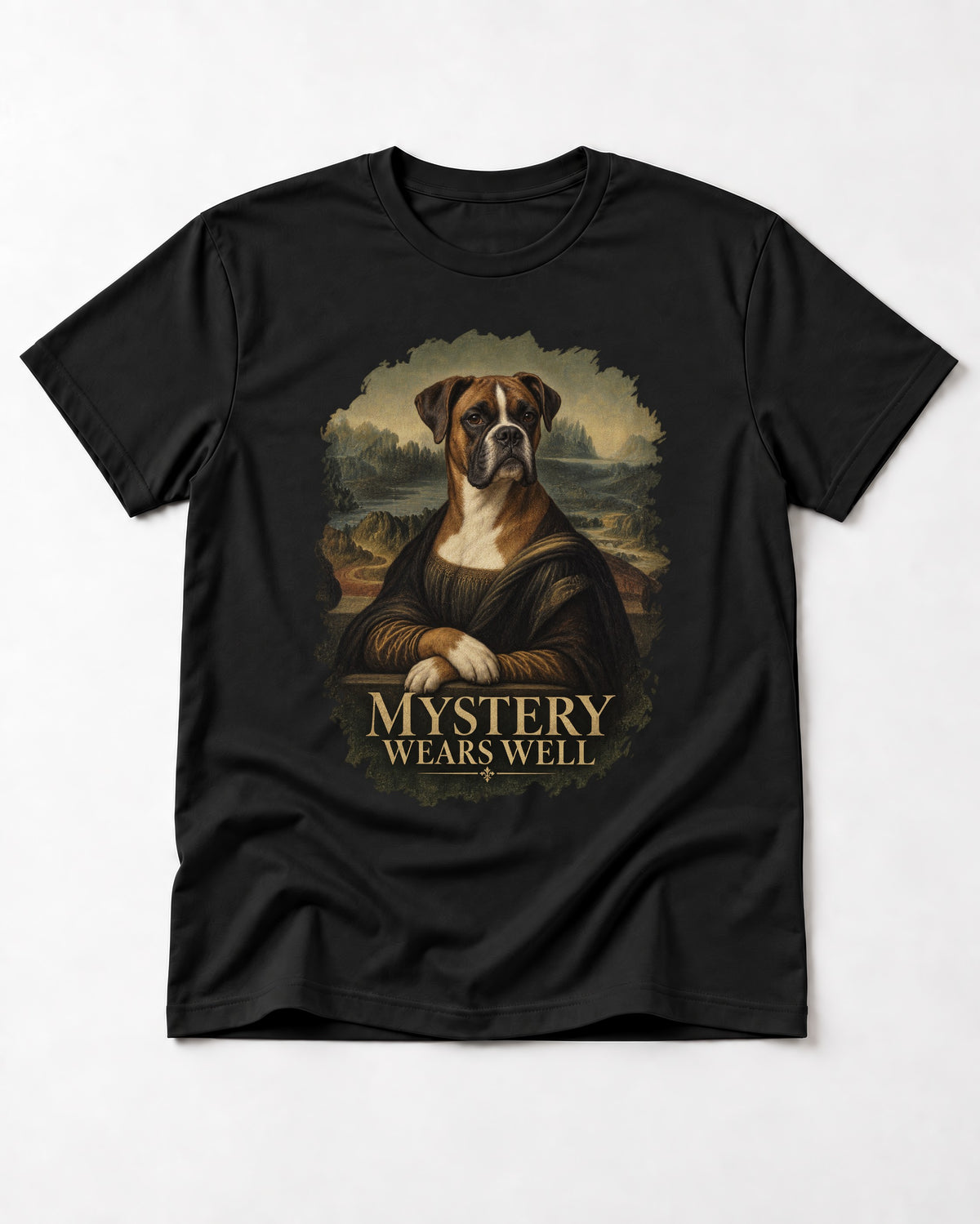Mystery Wears Well Boxer Mona Lisa Portrait T-Shirt in Black, flat lay product photo