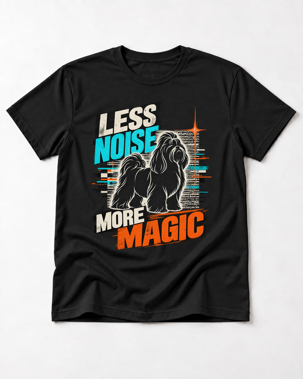 Shih Tzu Less Noise More Magic Pop Art Graphic T-Shirt in Black, flat lay product photo