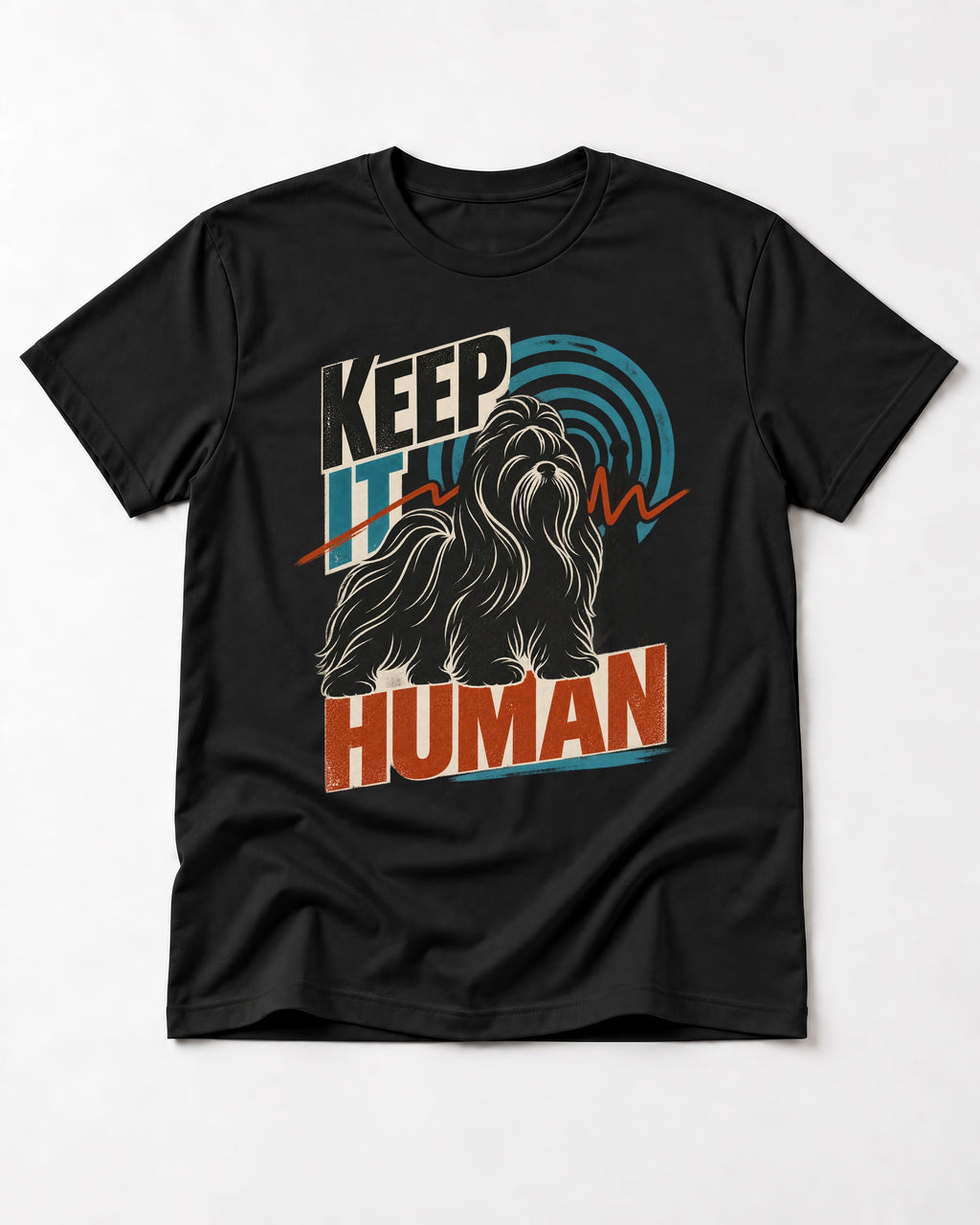 Shih Tzu Keep It Human Radio Signal Graphic T-Shirt in Black, flat lay product photo
