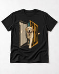 Labrador Retriever Through Steel Split Sign Graphic T-Shirt in Black, flat lay product photo