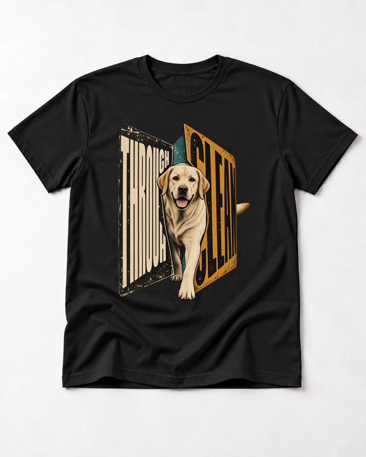 Labrador Retriever Through Steel Split Sign Graphic T-Shirt in Black, flat lay product photo