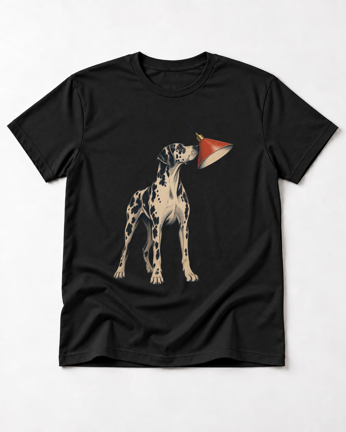 Great Dane Inspecting Hanging Lamp Graphic T-Shirt in Black, flat lay product photo