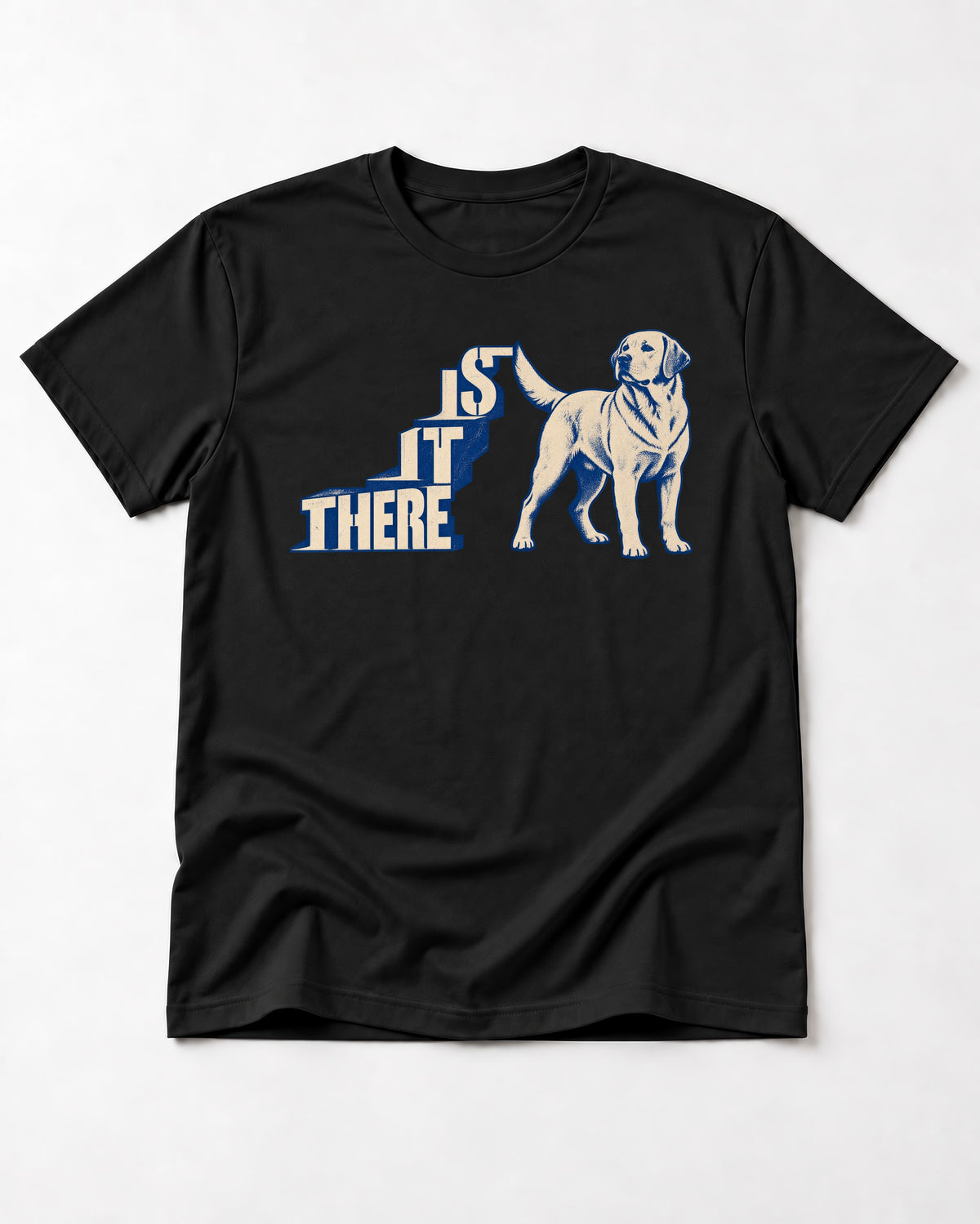 Labrador Retriever Is It There Stair-Step Graphic T-Shirt in Black, flat lay product photo
