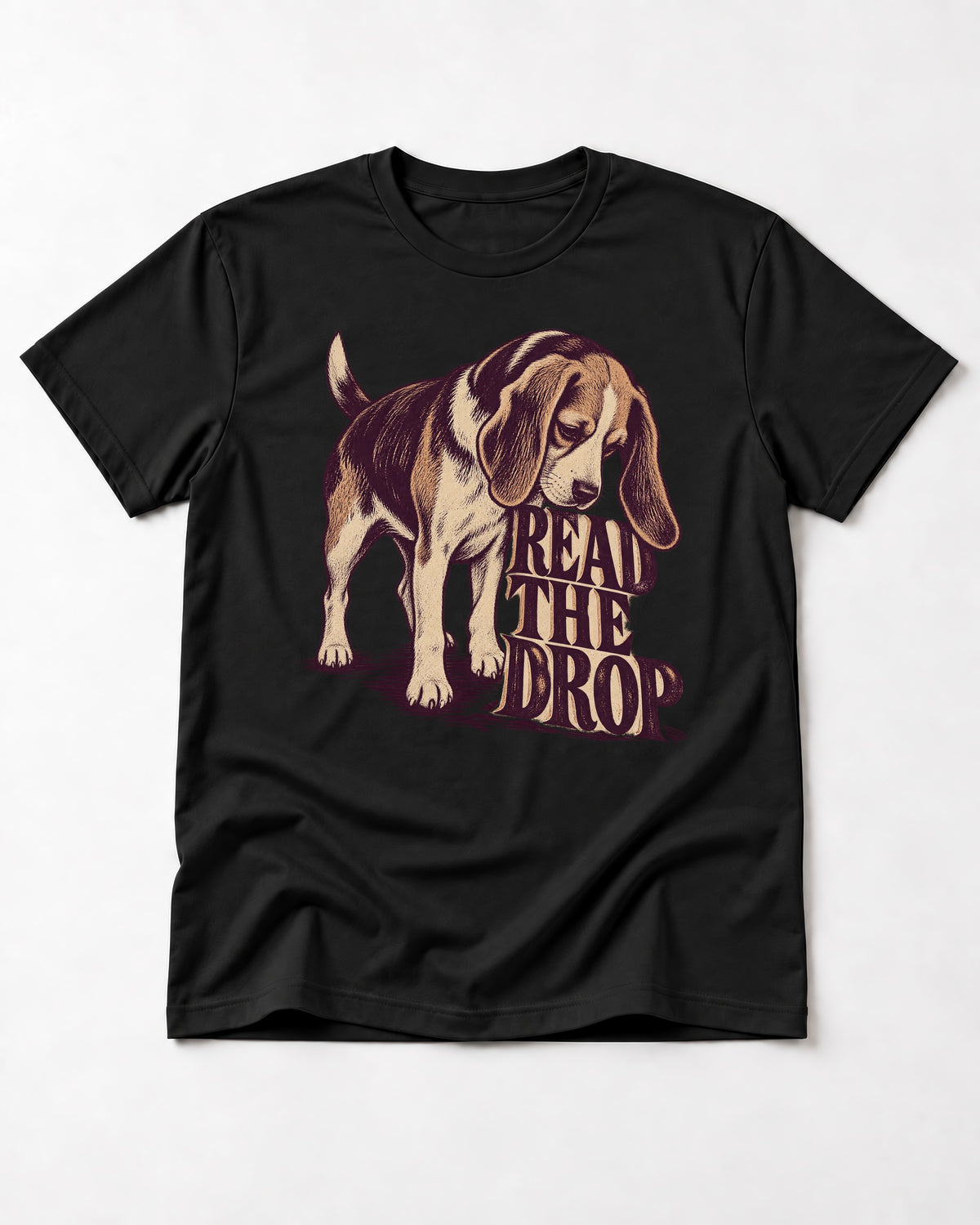 Beagle Read The Drop T-Shirt in Black, flat lay product photo