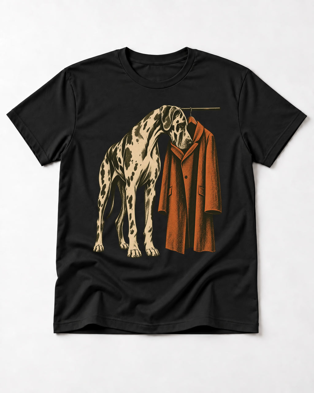 Great Dane Harlequin Coat Rack Overcoat Graphic T-Shirt in Black, flat lay product photo