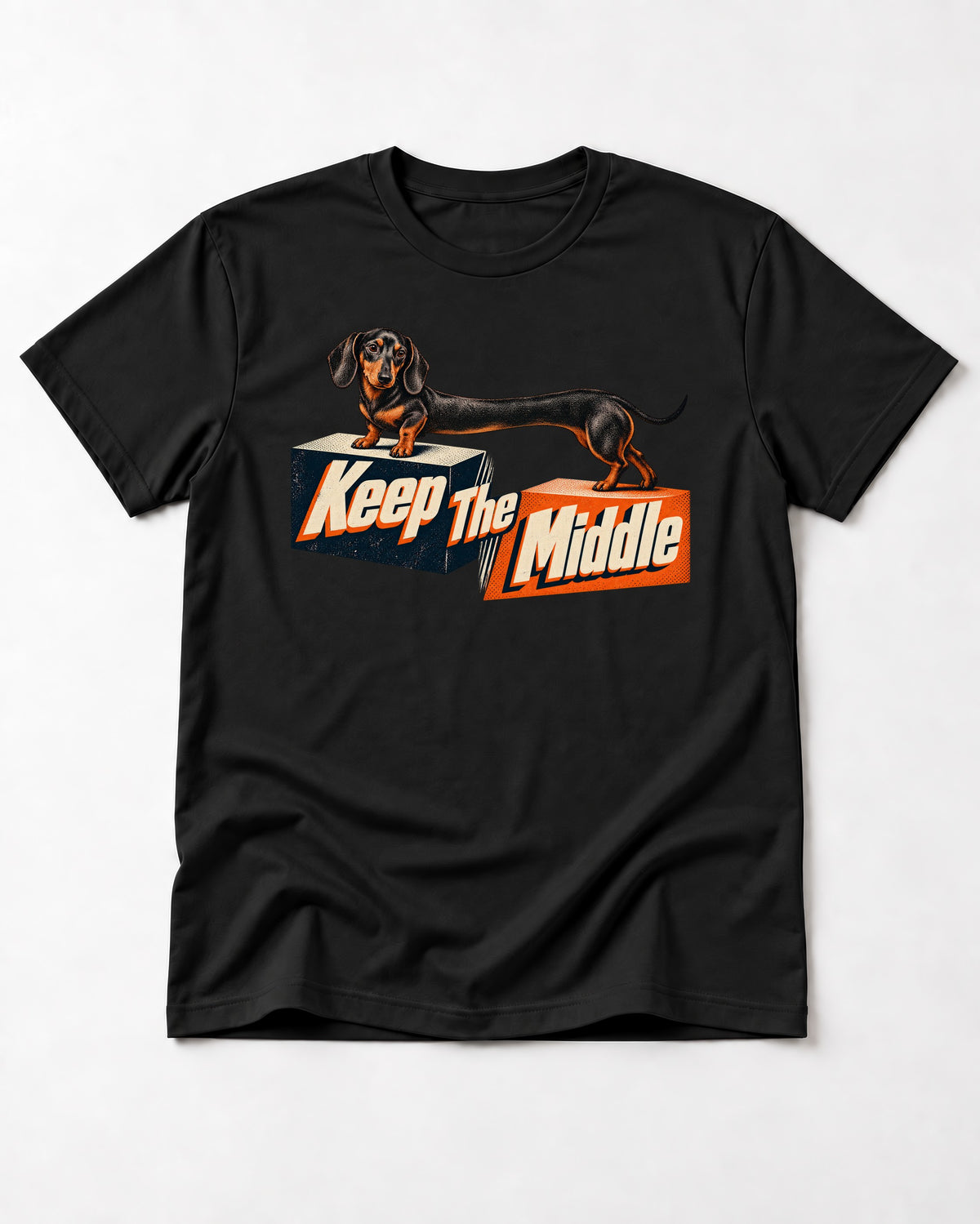 Dachshund Keep The Middle Block Bridge Graphic T-Shirt in Black, flat lay product photo