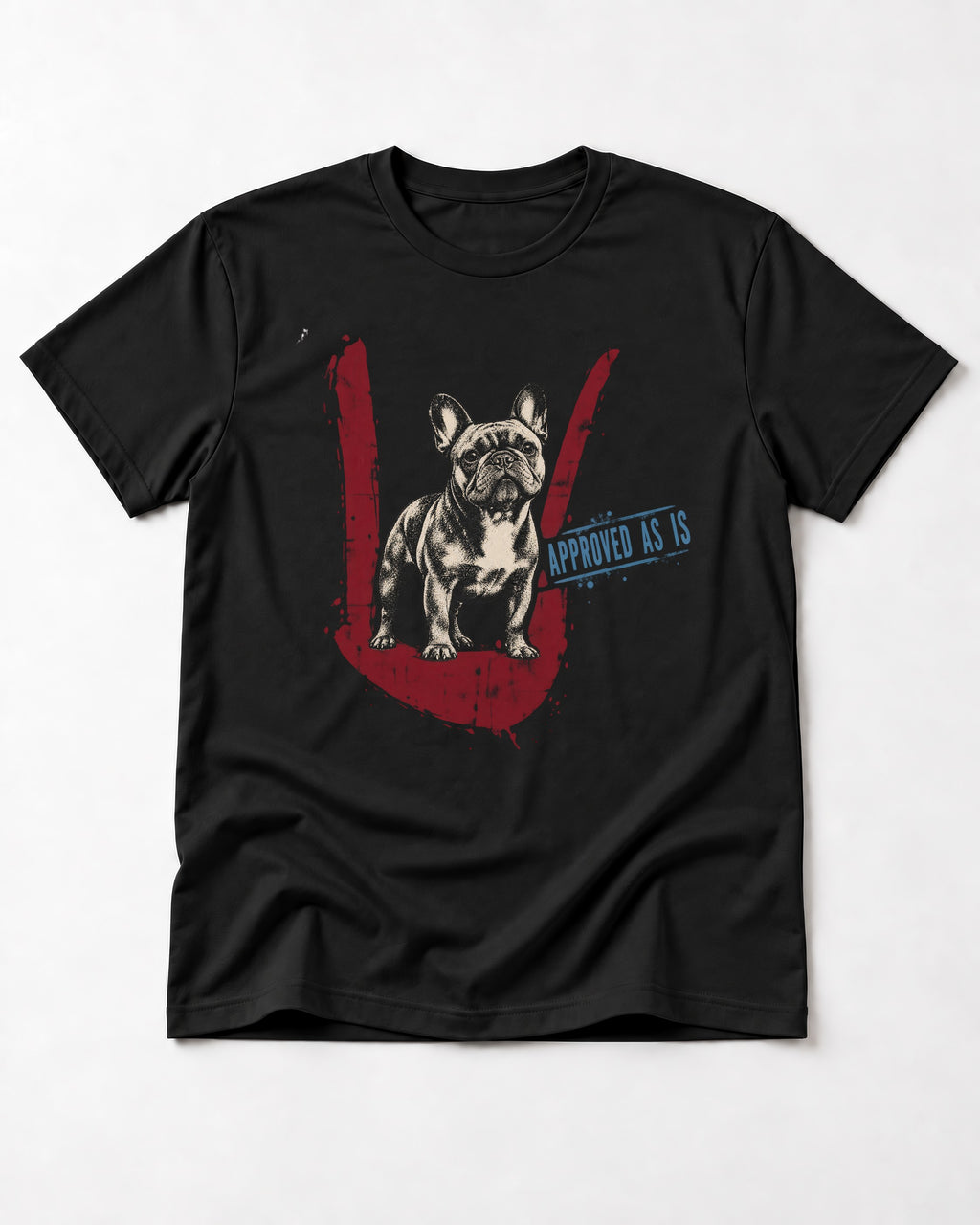 Frenchie Approved As Is Check Mark Graphic T-Shirt in Black, flat lay product photo