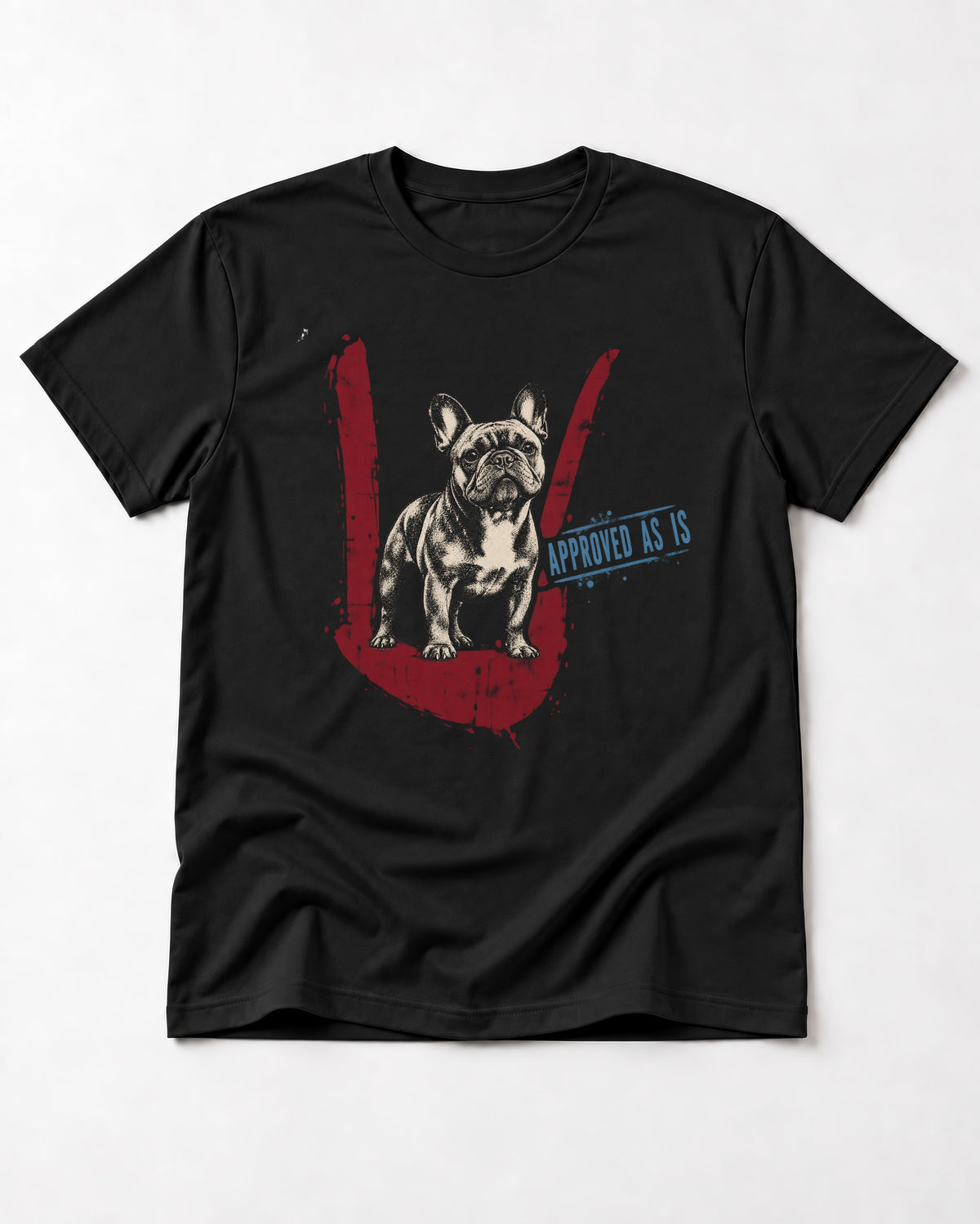 Frenchie Approved As Is Check Mark Graphic T-Shirt in Black, flat lay product photo