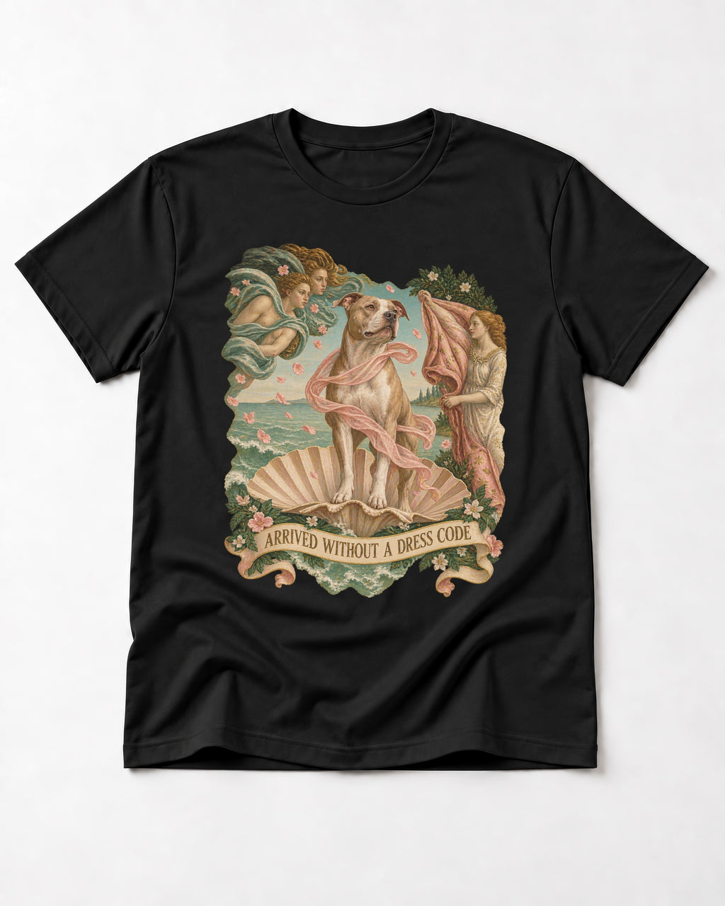 Pitbull Arrived Without a Dress Code Venus Parody Graphic T-Shirt in Black, flat lay product photo