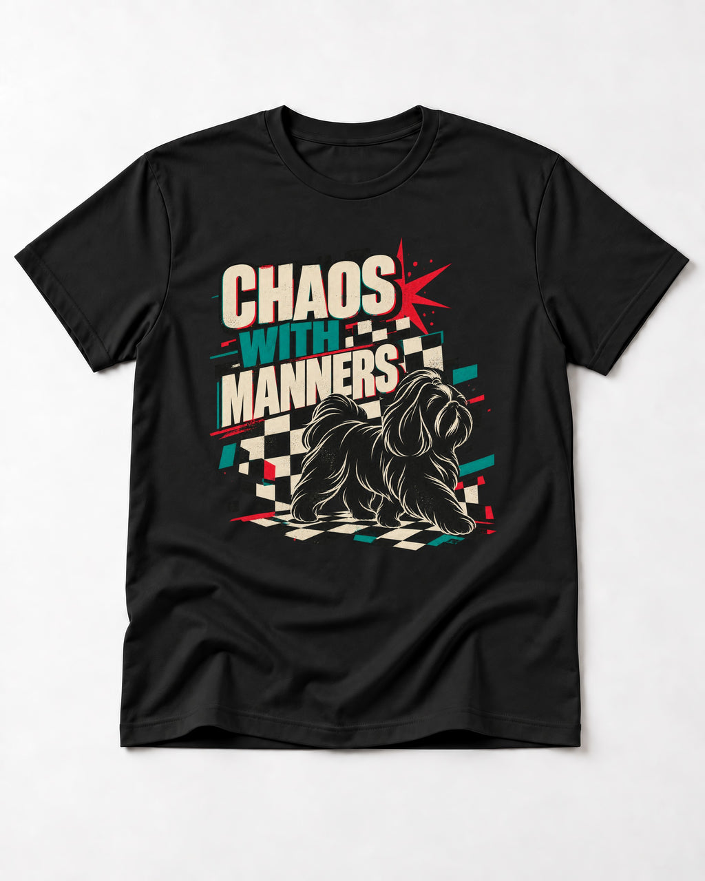 Shih Tzu Chaos with Manners Checkerboard Graphic T-Shirt in Black, flat lay product photo