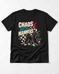 Shih Tzu Chaos with Manners Checkerboard Graphic T-Shirt in Black, flat lay product photo