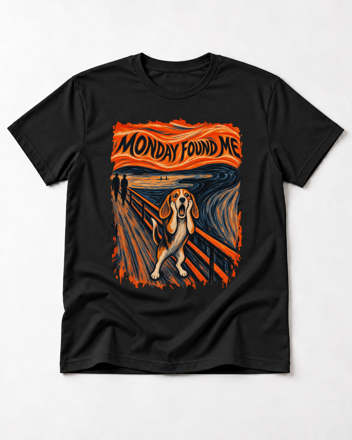 Monday Found Me Beagle Scream Scene T-Shirt in Black, flat lay product photo