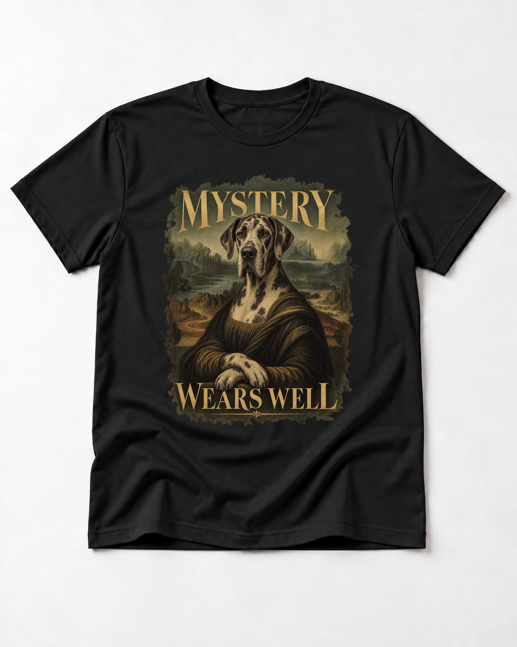 Great Dane Mystery Wears Well Renaissance Portrait Graphic T-Shirt in Black, flat lay product photo