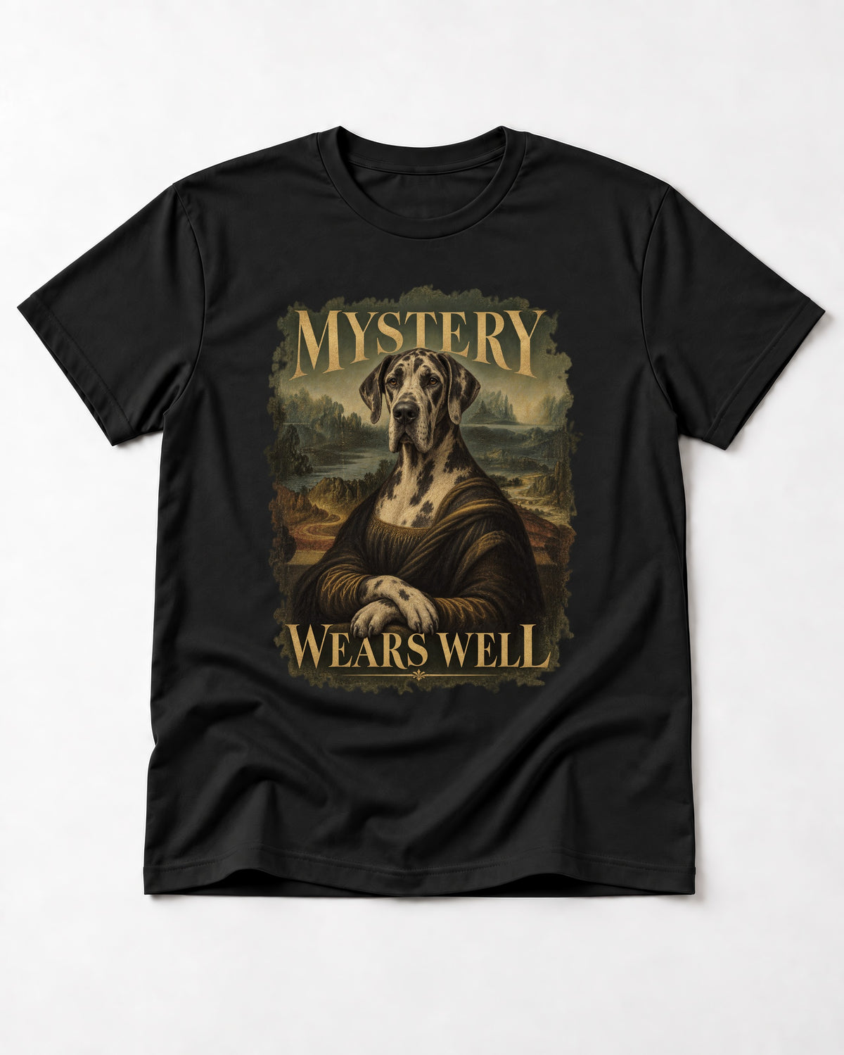 Great Dane Mystery Wears Well Renaissance Portrait Graphic T-Shirt in Black, flat lay product photo