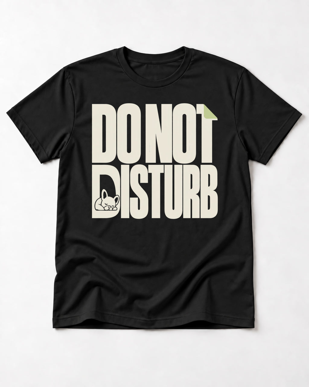 Frenchie Do Not Disturb Hidden Sleeping Graphic T-Shirt in Black, flat lay product photo