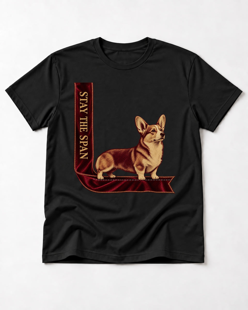 Corgi Stay the Span Ribbon T-Shirt in Black, flat lay product photo