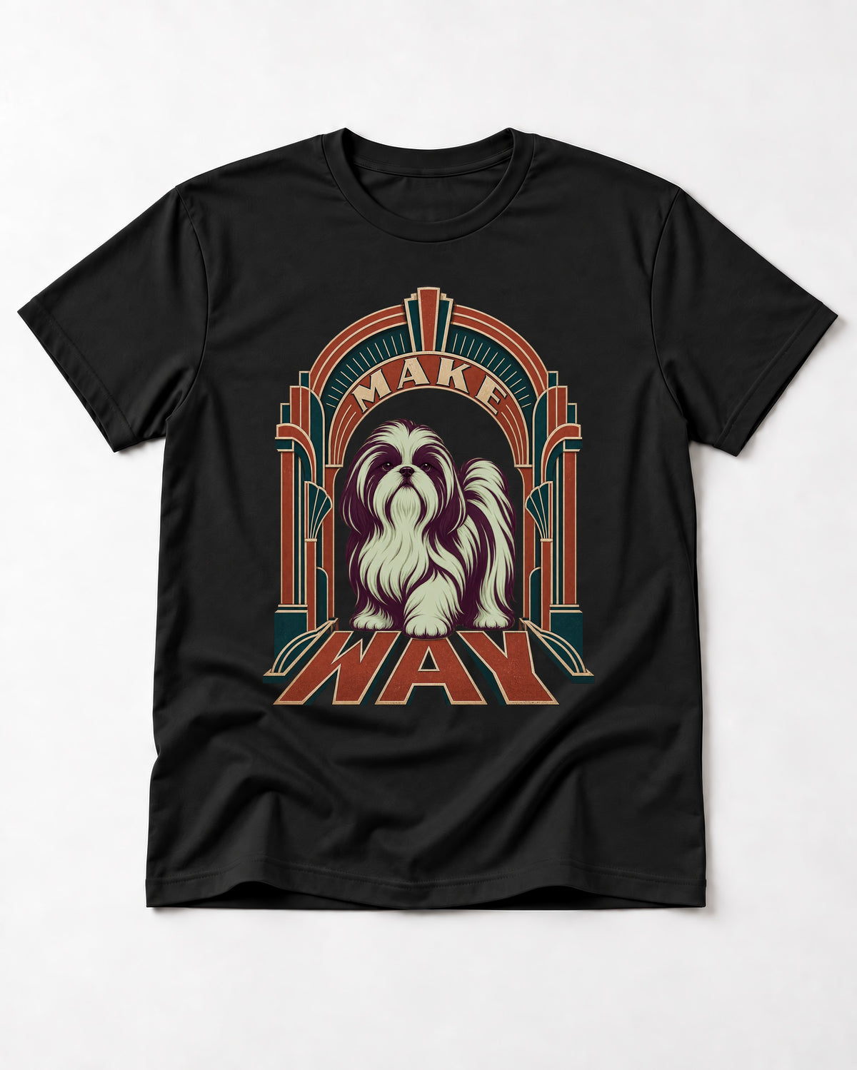 Shih Tzu Make Way Art Deco Arch Portrait T-Shirt in Black, flat lay product photo
