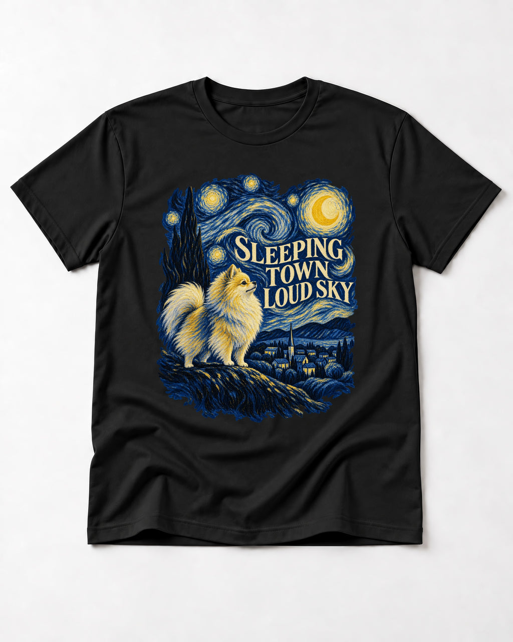 Pomeranian Sleeping Town Loud Sky Starry Night Graphic T-Shirt in Black, flat lay product photo
