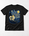 Pomeranian Sleeping Town Loud Sky Starry Night Graphic T-Shirt in Black, flat lay product photo