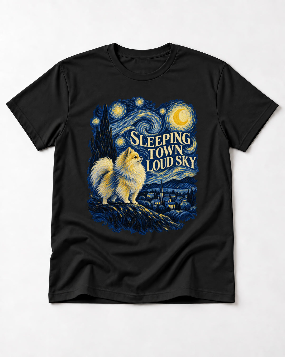 Pomeranian Sleeping Town Loud Sky Starry Night Graphic T-Shirt in Black, flat lay product photo