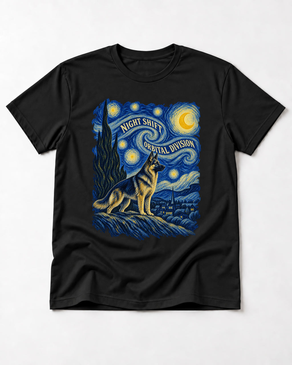 German Shepherd Dog Night Shift Orbital Division Starry Night T-Shirt in Black, flat lay product photo