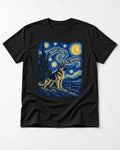 German Shepherd Dog Night Shift Orbital Division Starry Night T-Shirt in Black, flat lay product photo