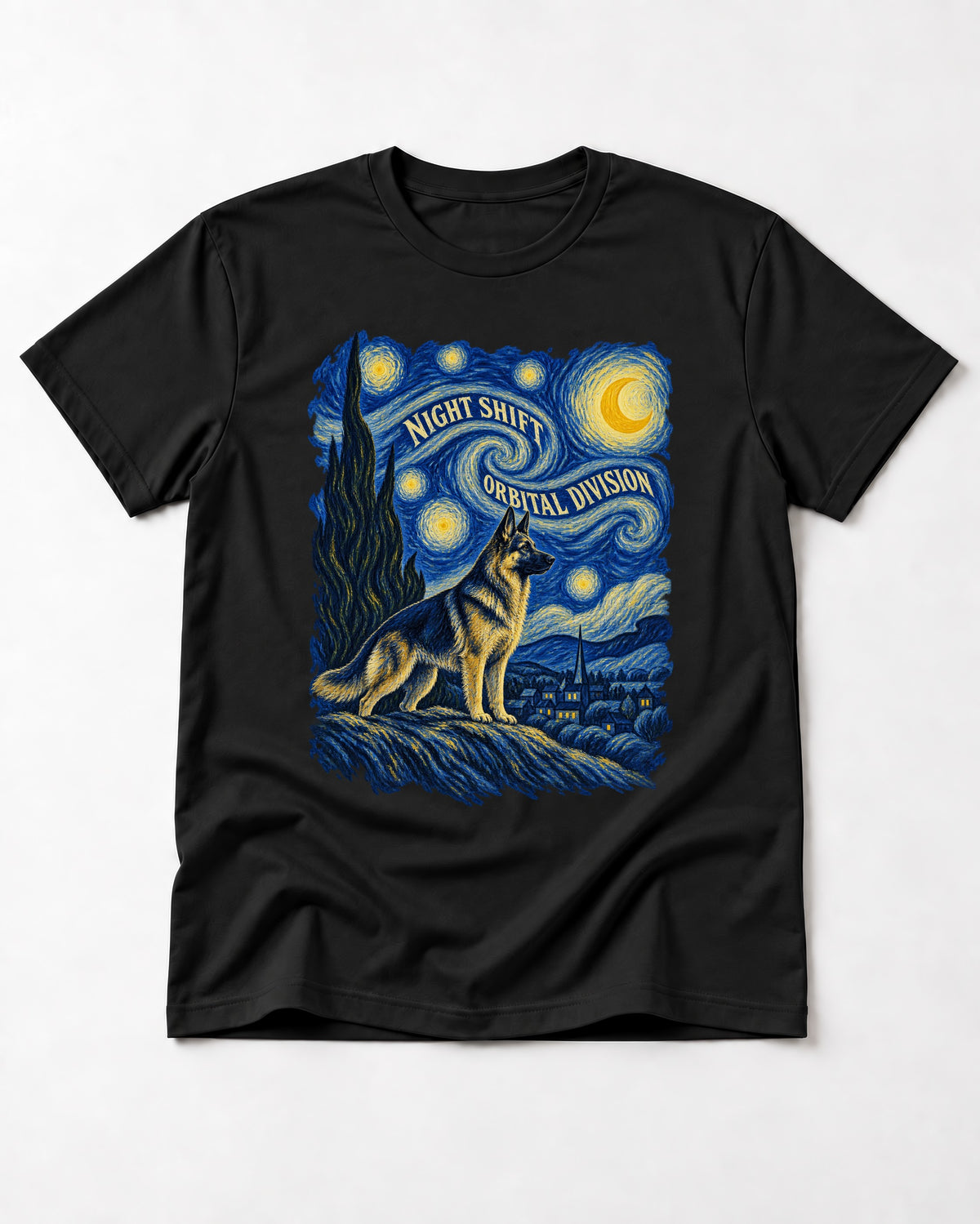 German Shepherd Dog Night Shift Orbital Division Starry Night T-Shirt in Black, flat lay product photo