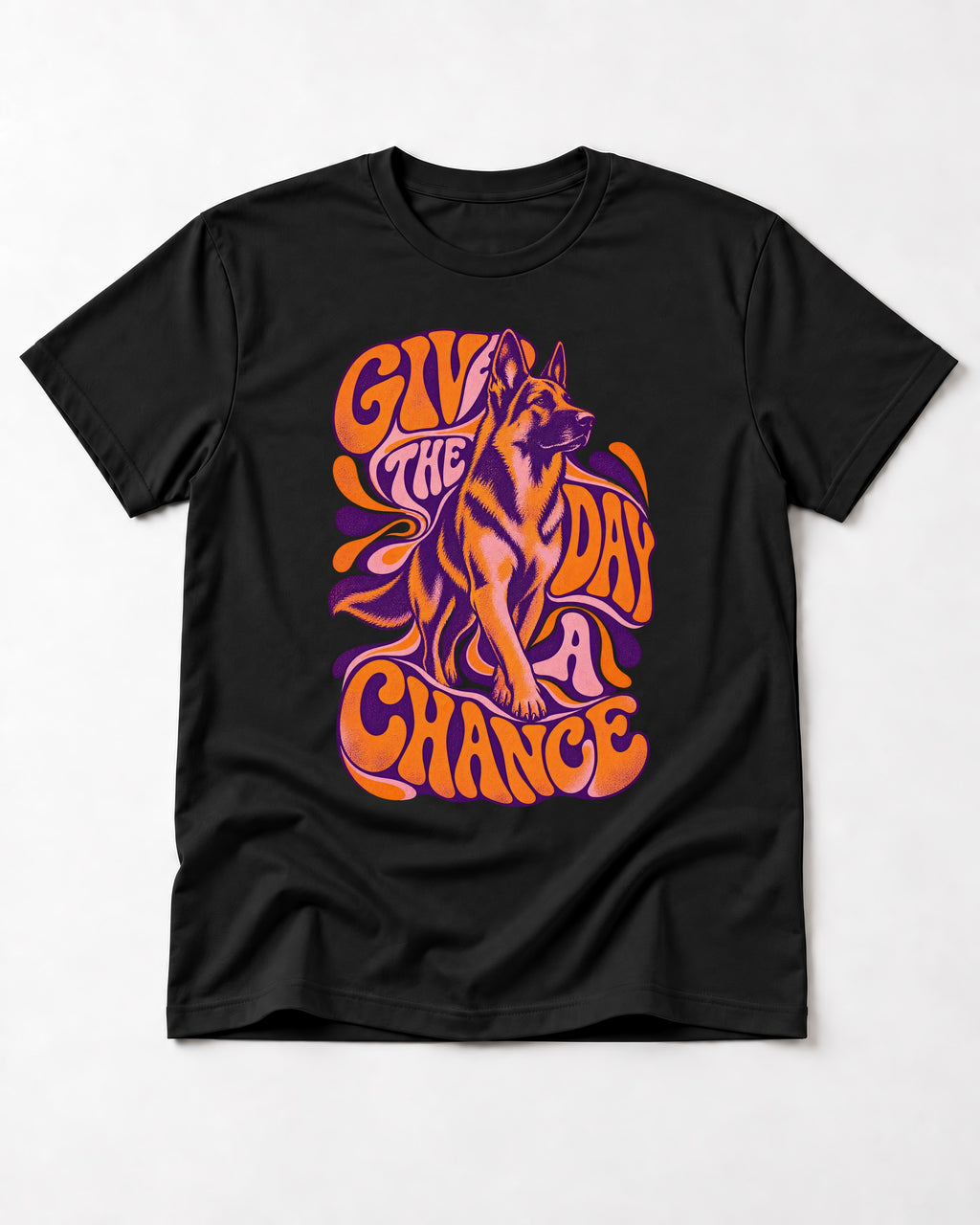 Give The Day A Chance Psychedelic German Shepherd Dog Graphic T-Shirt in Black, flat lay product photo