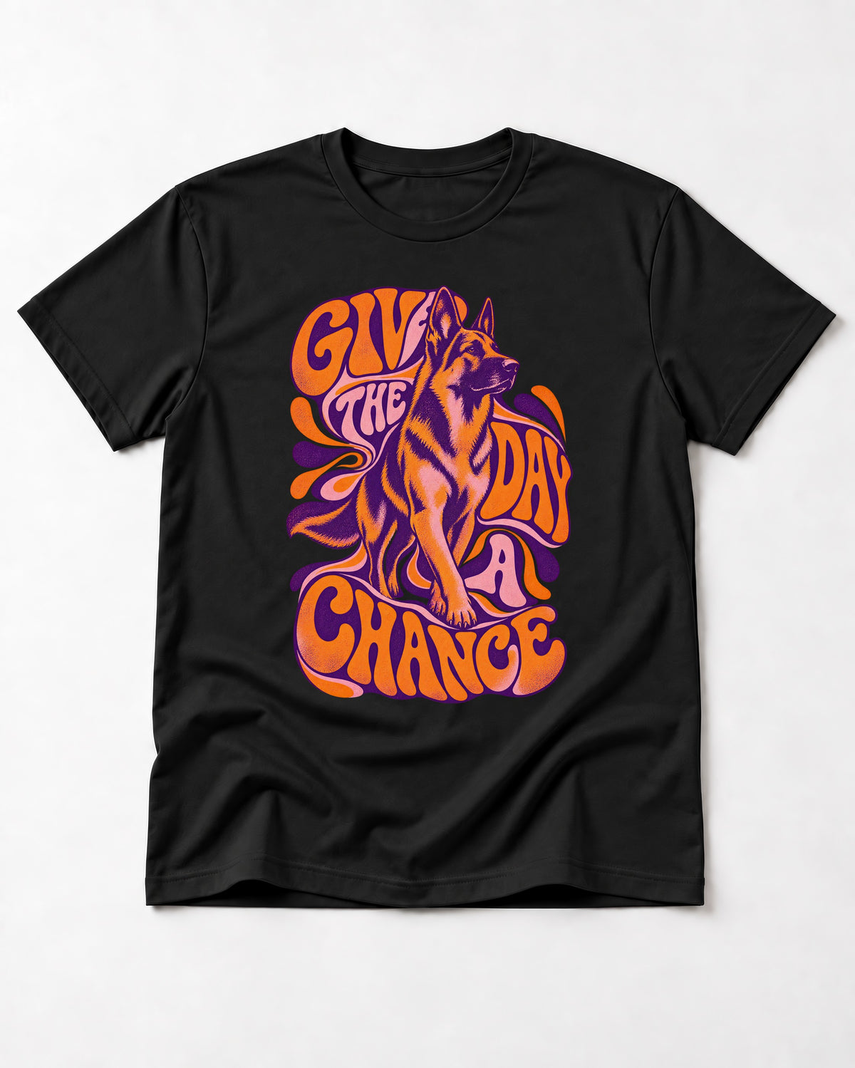 Give The Day A Chance Psychedelic German Shepherd Dog Graphic T-Shirt in Black, flat lay product photo