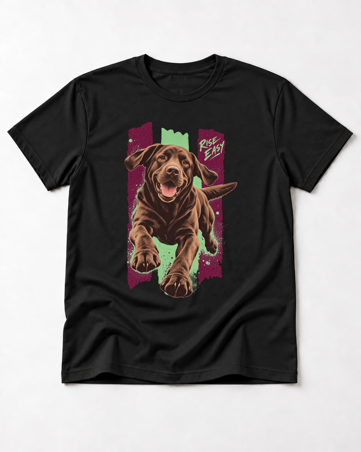 Labrador Retriever Rise Easy Running Chocolate Lab Graphic T-Shirt in Black, flat lay product photo