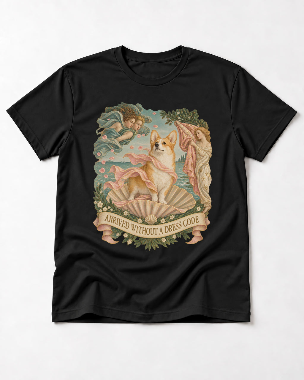 Corgi Arrived Without a Dress Code Birth of Venus T-Shirt in Black, flat lay product photo