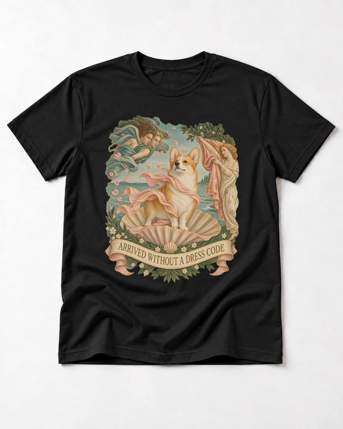 Corgi Arrived Without a Dress Code Birth of Venus T-Shirt in Black, flat lay product photo