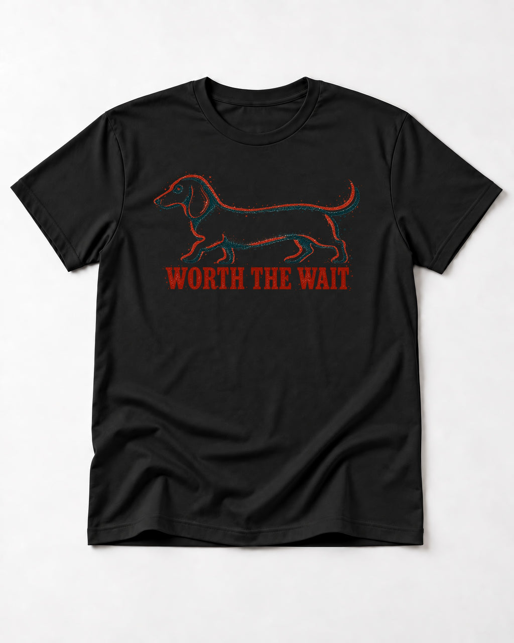 Dachshund Worth The Wait Distressed Outline Graphic T-Shirt in Black, flat lay product photo