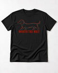 Dachshund Worth The Wait Distressed Outline Graphic T-Shirt in Black, flat lay product photo