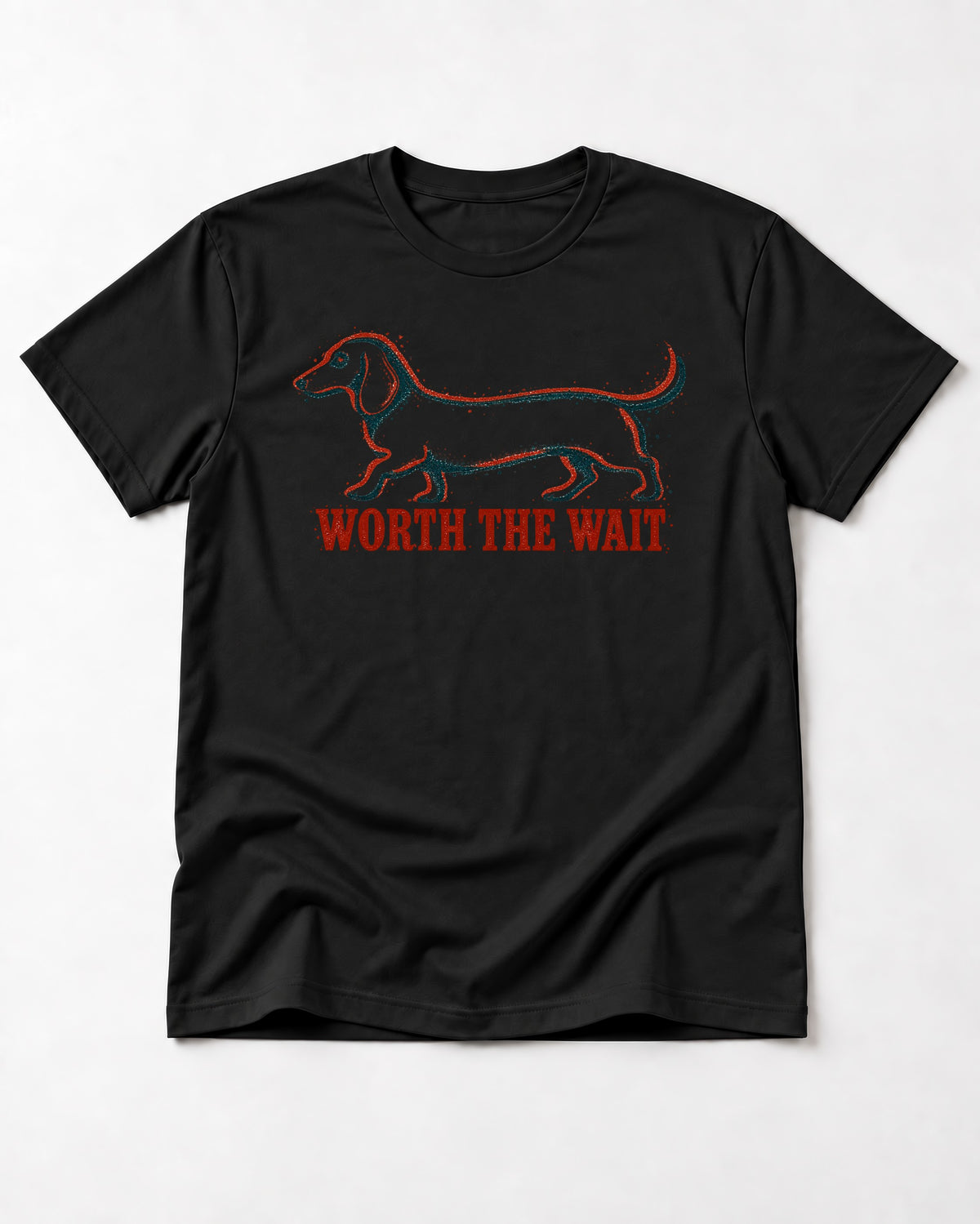 Dachshund Worth The Wait Distressed Outline Graphic T-Shirt in Black, flat lay product photo