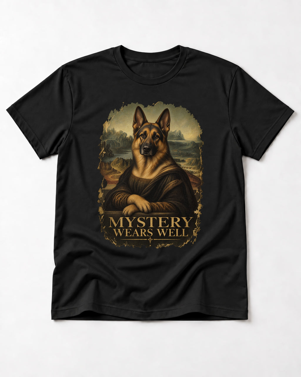 German Shepherd Dog Mystery Wears Well Renaissance Portrait T-Shirt in Black, flat lay product photo