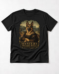 German Shepherd Dog Mystery Wears Well Renaissance Portrait T-Shirt in Black, flat lay product photo