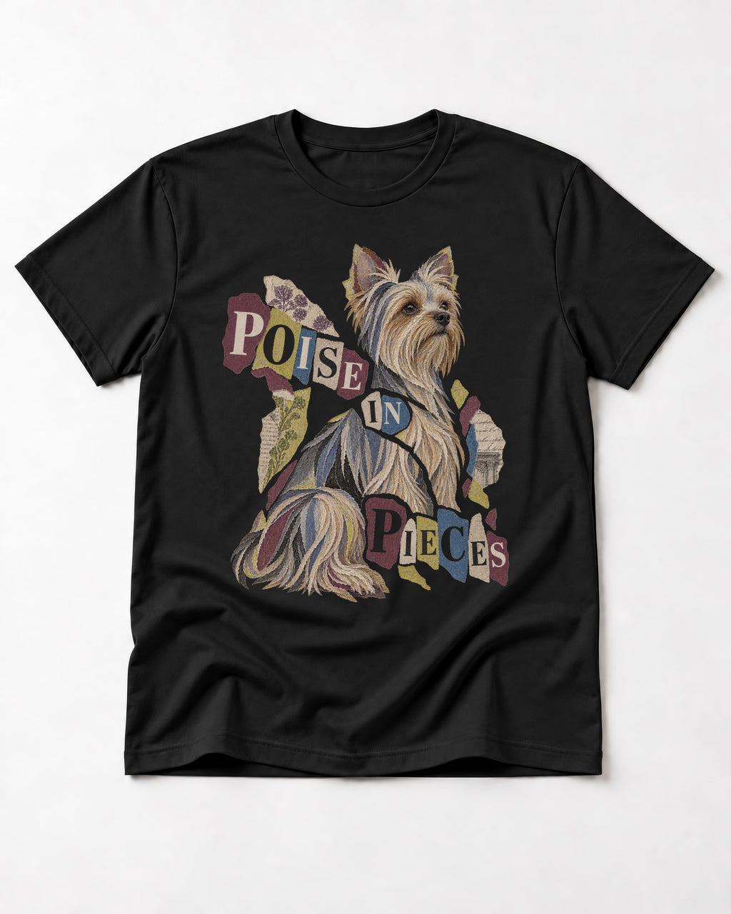 Yorkshire Terrier Poise in Pieces Torn Paper Collage Graphic T-Shirt in Black, flat lay product photo