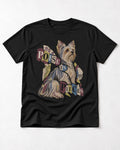 Yorkshire Terrier Poise in Pieces Torn Paper Collage Graphic T-Shirt in Black, flat lay product photo
