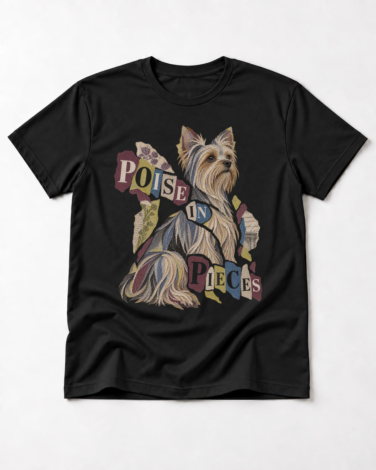 Yorkshire Terrier Poise in Pieces Torn Paper Collage Graphic T-Shirt in Black, flat lay product photo