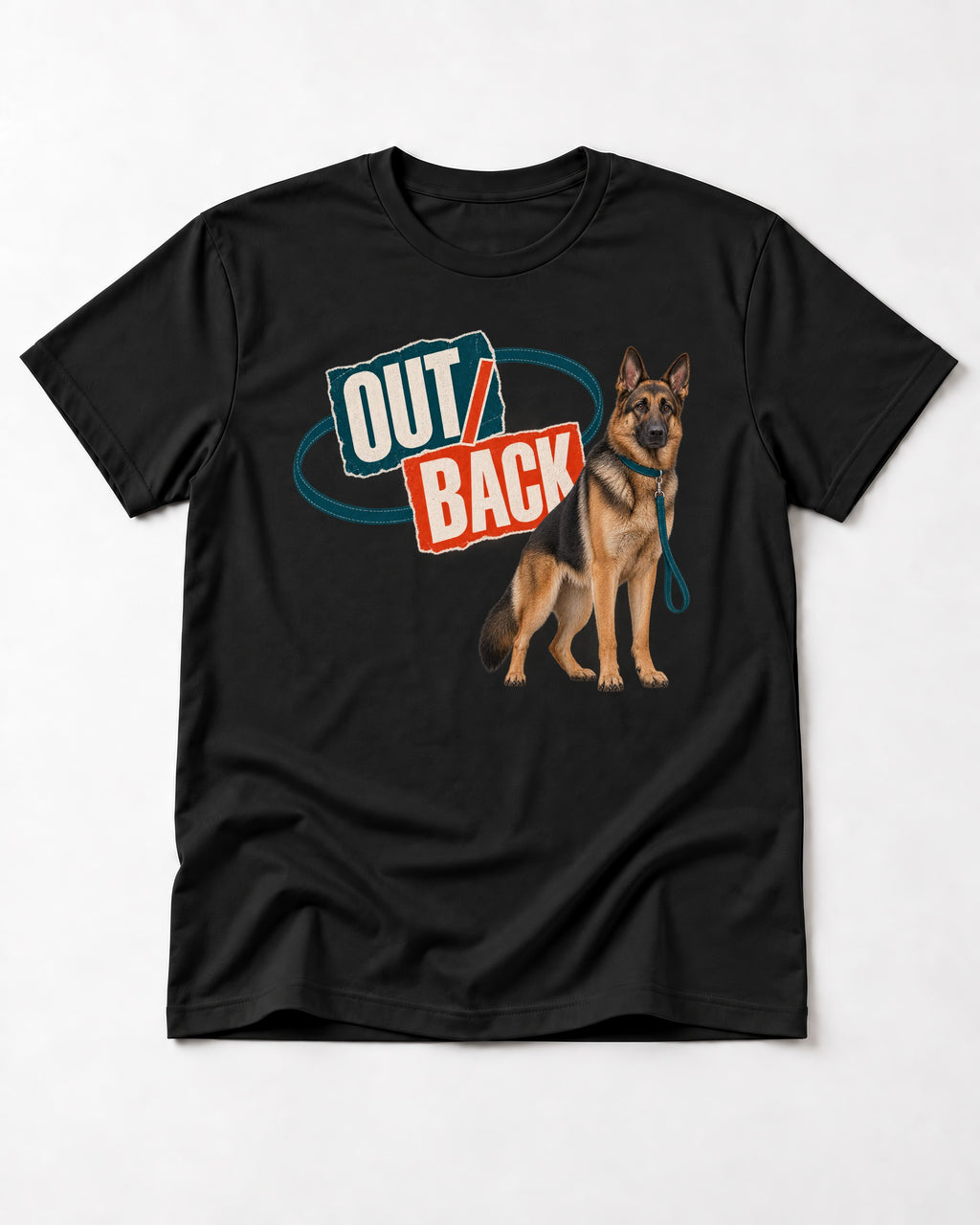 Out Back Leash German Shepherd Dog Graphic T-Shirt in Black, flat lay product photo