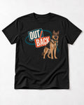 Out Back Leash German Shepherd Dog Graphic T-Shirt in Black, flat lay product photo