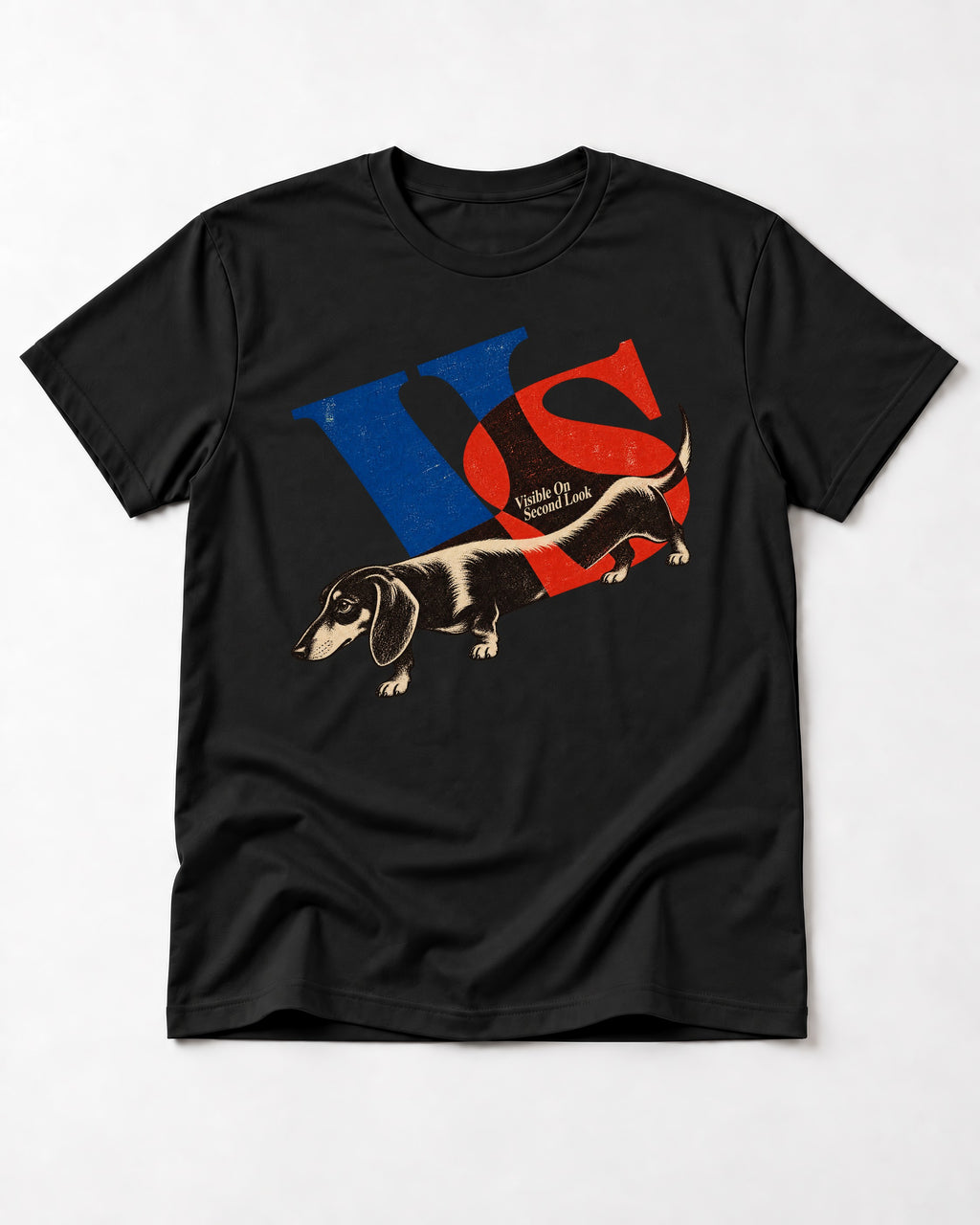 Dachshund VS Visible On Second Look Graphic T-Shirt in Black, flat lay product photo