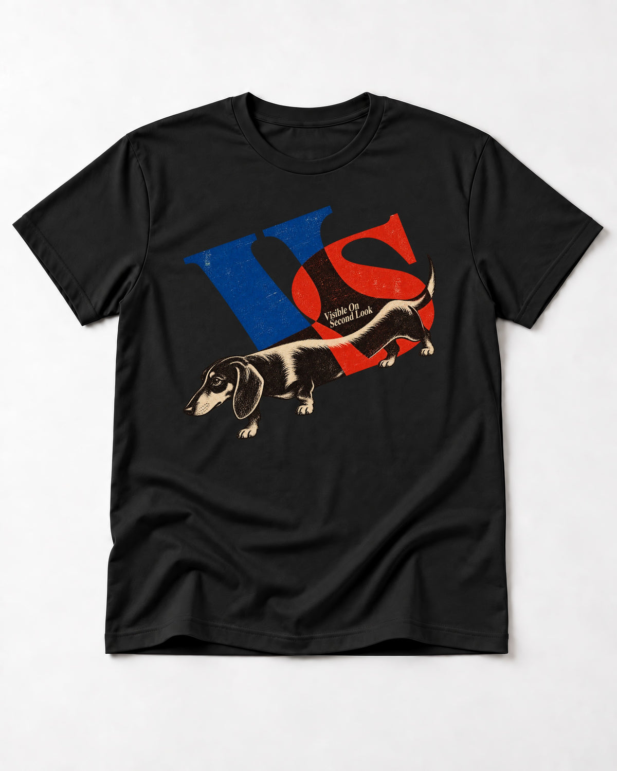 Dachshund VS Visible On Second Look Graphic T-Shirt in Black, flat lay product photo
