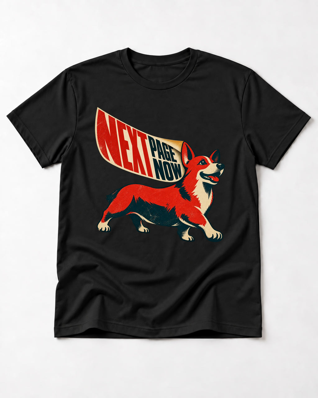 Corgi Next Page Now Pennant Graphic T-Shirt in Black, flat lay product photo