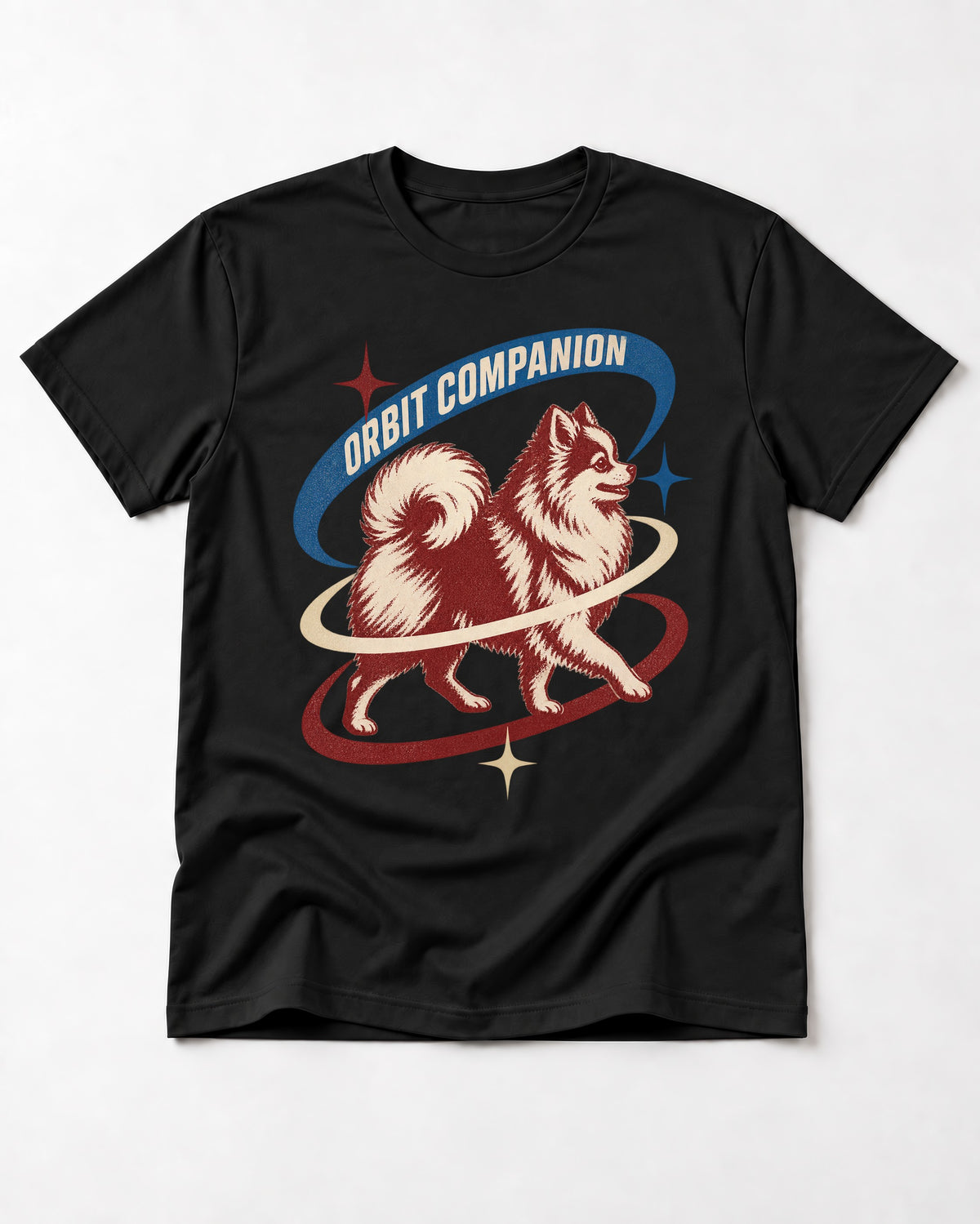 Pomeranian Orbit Companion Retro Space Graphic T-Shirt in Black, flat lay product photo
