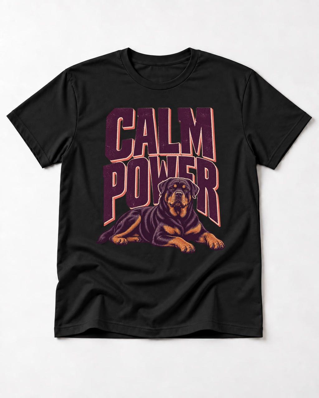 Rottweiler Calm Power Resting Dog Graphic T-Shirt in Black, flat lay product photo