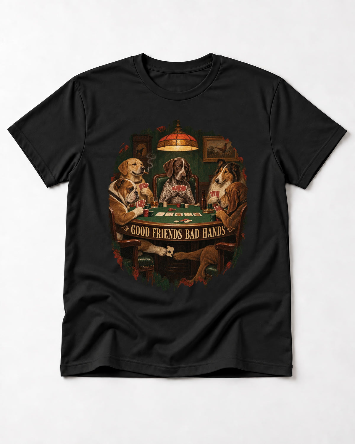 German Shorthaired Pointer Good Friends Bad Hands Poker Night Graphic T-Shirt in Black, flat lay product photo