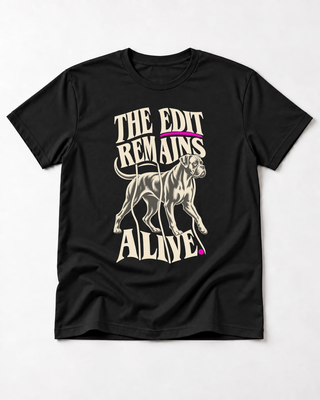 The Edit Remains Alive Boxer T-Shirt in Black, flat lay product photo