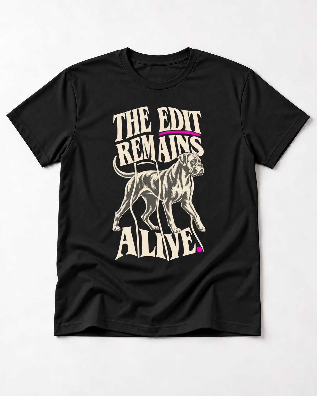 The Edit Remains Alive Boxer T-Shirt in Black, flat lay product photo